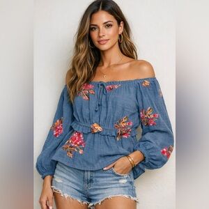 Wild Moss Blue Embroidered Boho Off Shoulder Peasant Blouse Floral Top size L
